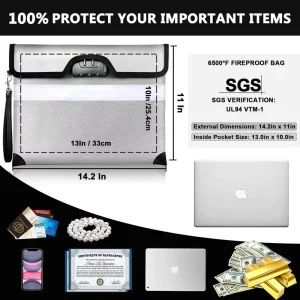 Multi Color 6500F Fireproof Silicone Coated Fiberglass Document Bag 10 Layer Heat Waterproof Resistant Safe Storage